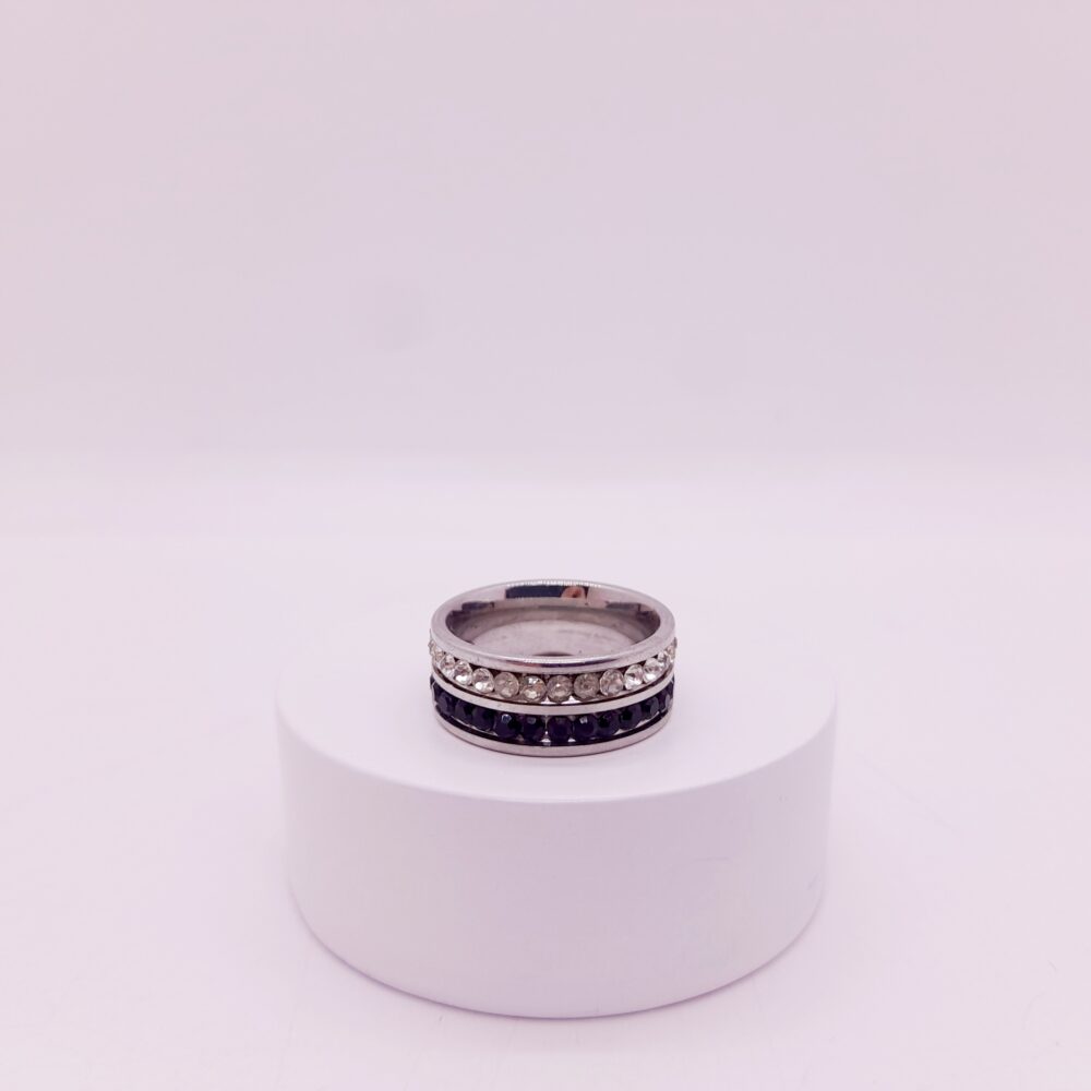 Anillo de Strass Negro y Cristal de Acero Quirúrgico / RS-1020